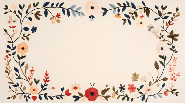 Delicate floral embroidery creates a beautiful frame on a creamy background. Perfect for invitations, cards, or any design needing a touch of elegance.