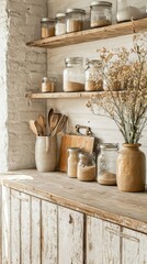 Cozy farmhouse kitchen with rustic shelves and glass jars