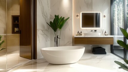 Fototapeta premium Luxurious bathroom interior, freestanding white oval bathtub, large windows, wooden frame, tropical plants, natural light, minimalist design, spa-like atmosphere, high-end finishes, tranquil setting, 