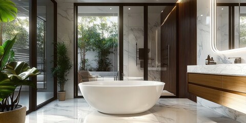Fototapeta premium Luxurious bathroom interior, freestanding white oval bathtub, large windows, wooden frame, tropical plants, natural light, minimalist design, spa-like atmosphere, high-end finishes, tranquil setting, 