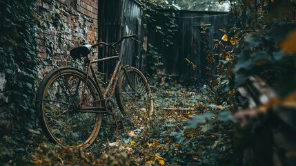Fototapeta premium Abandoned Bicycle Surrounded by Overgrown Vegetation in Alleyway