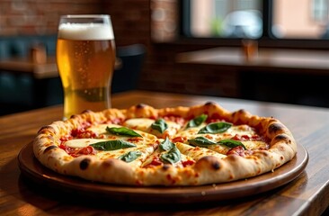 Delicious pizza with fresh basil and a cold drink at a cozy restaurant setting