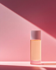 A sleek perfume bottle with a soft pink hue, set against a gradient background. Work from home product