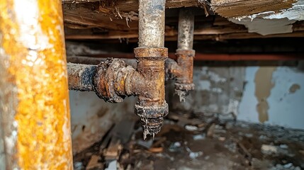 Fototapeta premium Rusty Pipes and Corroded Plumbing Beneath Old Wooden Floorboards