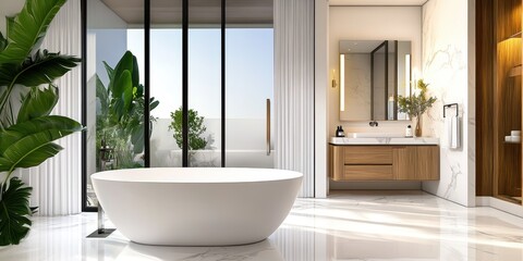 Luxurious bathroom interior, freestanding white oval bathtub, large windows, wooden frame, tropical plants, natural light, minimalist design, spa-like atmosphere, high-end finishes, tranquil setting, 