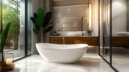 Luxurious bathroom interior, freestanding white oval bathtub, large windows, wooden frame, tropical plants, natural light, minimalist design, spa-like atmosphere, high-end finishes, tranquil setting, 