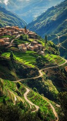Scenic Terraced Fields and Traditional Village in Mountain Landscape