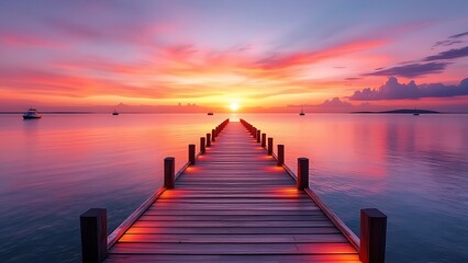 Fototapeta premium Wooden pier path, illuminated by a warm glow of LED lights, stretches out like a welcoming ribbon, offering a panoramic view of tranquil ocean at sunset, creating a serene and enchanting atmosphere