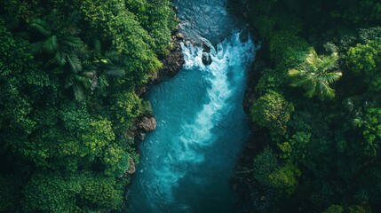 Aerial view of vibrant river flowing through lush rainforest.