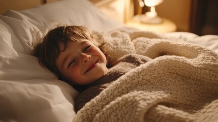 Obraz premium A serene image of a happy, smiling child peacefully asleep in bed, wrapped in cozy blankets.