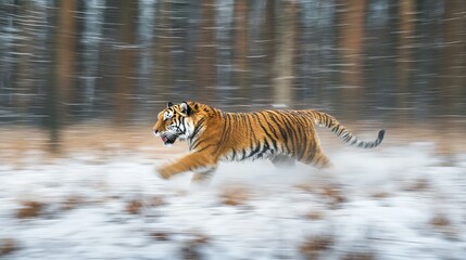 Obraz premium Tiger Running through Snowy Forest in Motion Blur Effect