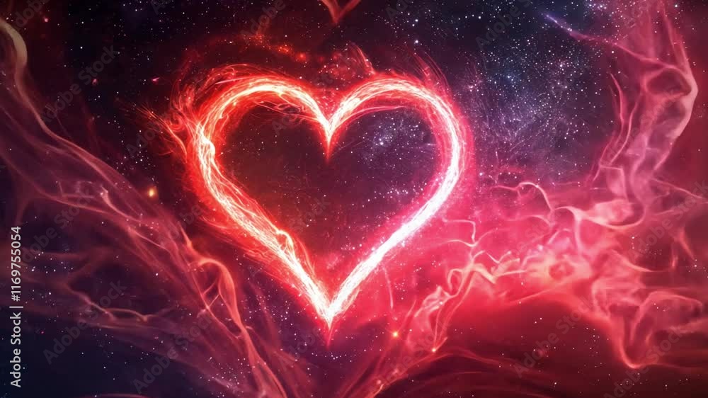 Poster a vibrant heart shape emerges from a cosmic backdrop filled with swirling colors.