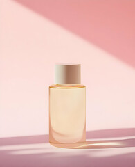 A minimalist perfume bottle on a softly colored background, showcasing elegance and simplicity. Work from home product