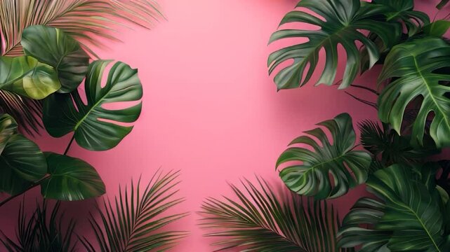 lush green tropical leaves, such as monstera and palm fronds, framing a vibrant pink background