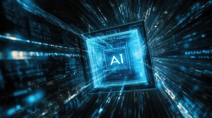 AI letters in cyberspace. Virtual reality, programming and information technology of the future. Artificial intelligence, digital code data and cybersecurity