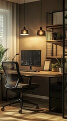 Fototapeta premium Modern Home Office with Stylish Decor and Warm Lighting Atmosphere