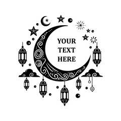 Ramadan kareem greeting card with crescent moon, lantern and star elements