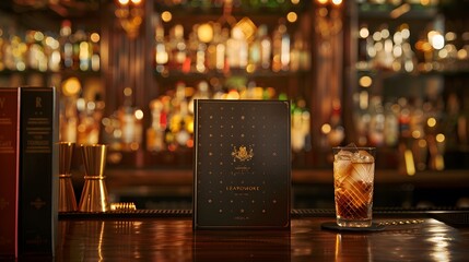 Here's a mockup of a cocktail menu in an elegant bar setting surrounded by bar accessories