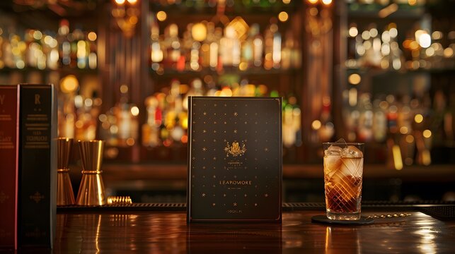 Here's a mockup of a cocktail menu in an elegant bar setting surrounded by bar accessories