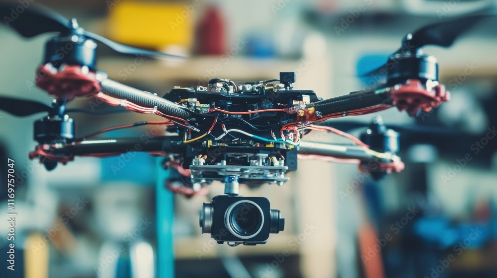 Poster a macro shot of a small drones propeller system showing the intricate mechanism and wiring that powe