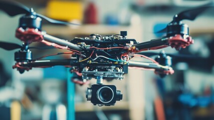 Fototapeta premium A macro shot of a small drones propeller system showing the intricate mechanism and wiring that powers flight alongside calibration tools tered in the background.