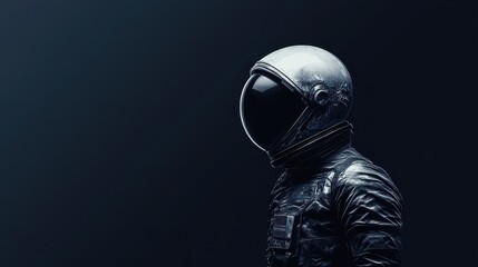 A space astronaut figure in a side profile view, showcasing a detailed helmet and suit.