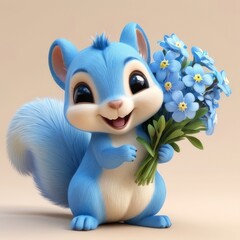 Blue kawaii squirrel holding bouquet of forget-me-nots