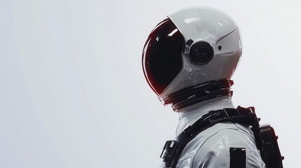 A space astronaut figure in a side profile view, showcasing a detailed helmet and suit.