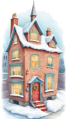 Dreamy Christmas house with snowy vibes. Festive decor and magical colors in 9:16 make it a total holiday mood in watercolor!