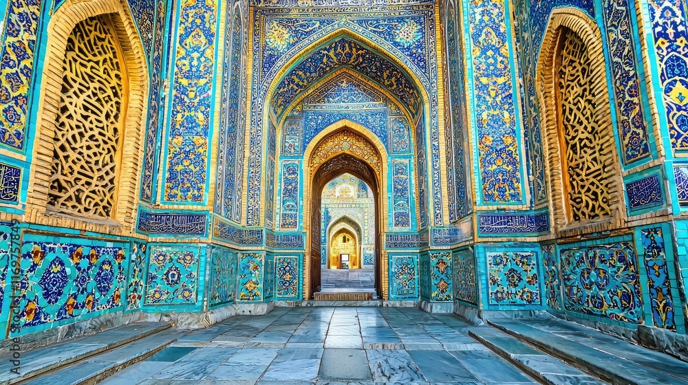 Poster colorful islamic architecture with intricate patterns in samarkand