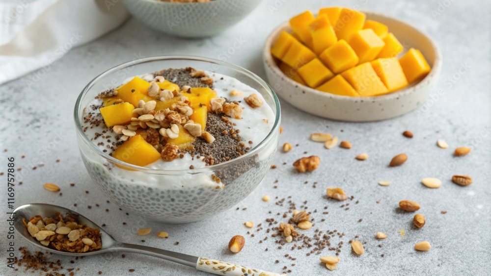 Poster a unique overhead angle reveals the intricate patterns of chia pudding swirling beneath a glossy lay