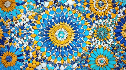 Colorful Mosaic Pattern with Blue and Yellow Floral Designs