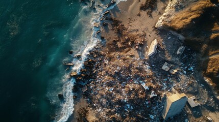 Obraz premium Aerial View of Beach Waste Crisis Under Bright Sunlight