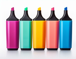 A set of five vibrant-colored highlighters arranged in a neat row, isolated on white.