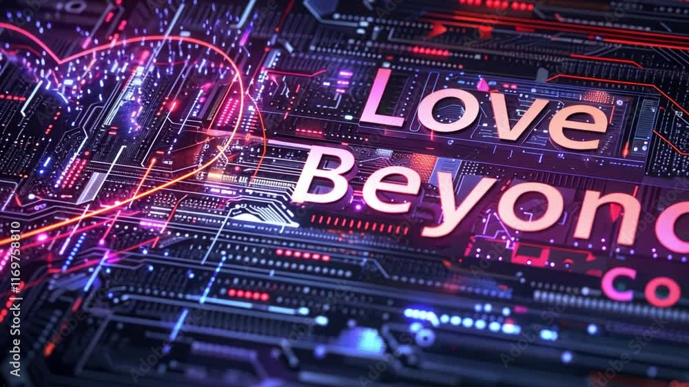 Poster a colorful digital artwork showcases a glowing heart intertwined with circuitry and the words love b