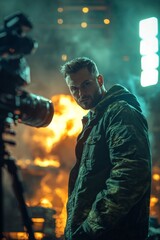 Fototapeta premium Filmmaker on Set During Action Sequence