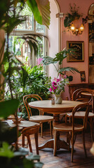 A cozy caf? with wooden furniture, plants, and flowers, creating a warm, inviting atmosphere. Work from home product