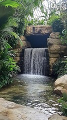 Naklejka premium Serene Waterfall in Lush Tropical Garden with Rock Formation