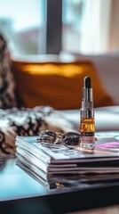 Stylish Dropper Bottle on Coffee Table with Sunglasses and Magazines