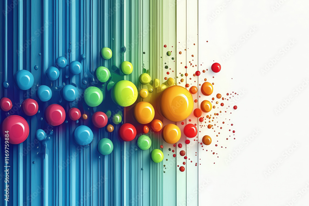 Poster colorful abstract design with spheres and vertical lines creating vibrant visual effect
