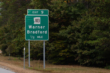 exit sign on  Interstate 89 for  Exit 9 for NH-103 toward Warner and Bradford, New Hampshire
