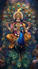 Fototapeta premium Divine Figure with Peacock Feathers and Colorful Background Artwork