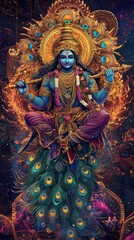 Vibrant Divine Representation of a Mythical Figure with Peacock Feathers