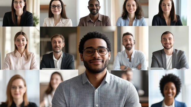 A team of people engaged in an online conference call, displayed in a grid of webcam faces, showcasing a virtual meeting environment with diverse participants.