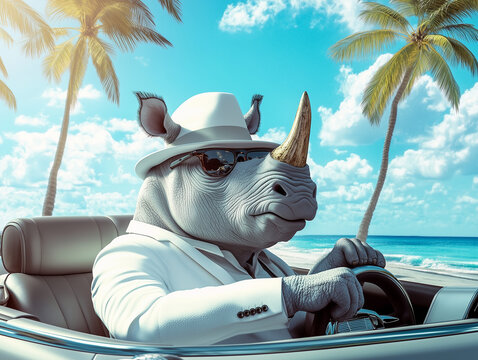 A stylish anthropomorphic rhino wearing a white suit, driving a luxury convertible along a tropical beach. Old money vibe