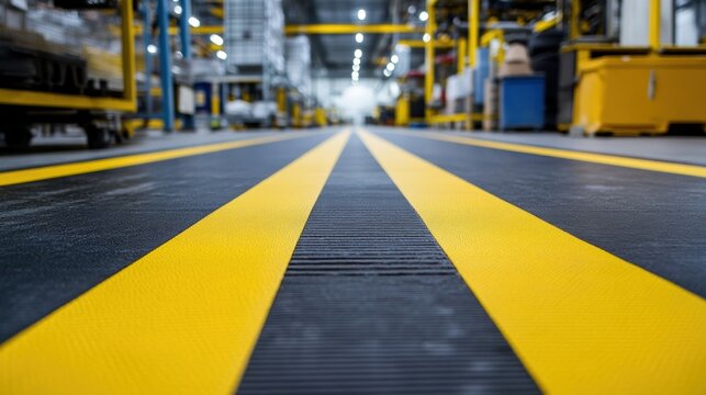 A detailed shot of a floor marking tape creating clearly designated walkways and hazardous areas improving navigation and safety within the factory.