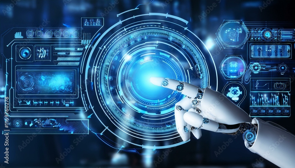 Poster a robot hand touching a computer screen