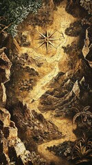 Vintage Map Artwork with Compass and Mountains in Earth Tones