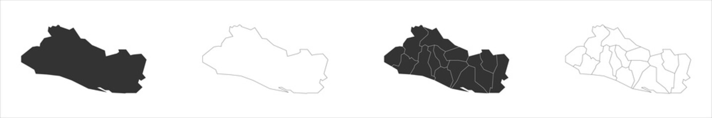 Naklejka premium El Salvador set of three maps - solid map, outline map and map highlighting administrative divisions. Three distinct maps illustrate various representations of a geographical area.