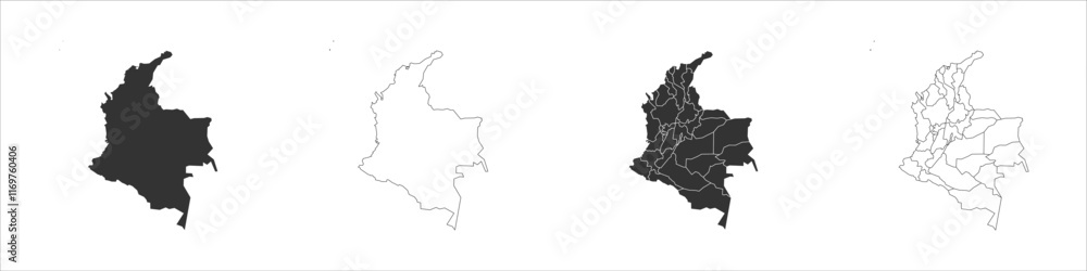Poster colombia set of three maps - solid map, outline map and map highlighting administrative divisions. t